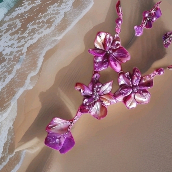 STS Blue Jewelry - Mother Of Pearl Flower Necklace Earrings Set